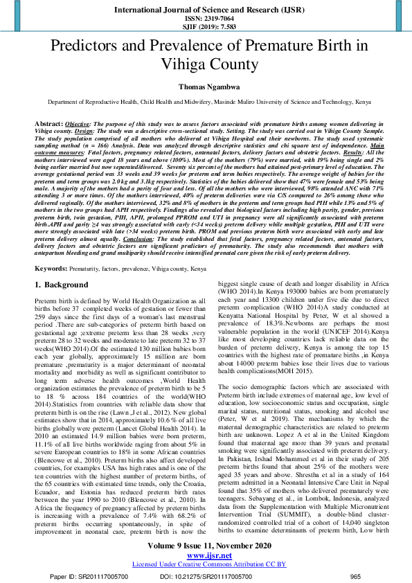 (PDF) Predictors and Prevalence of Premature Birth in Vihiga County