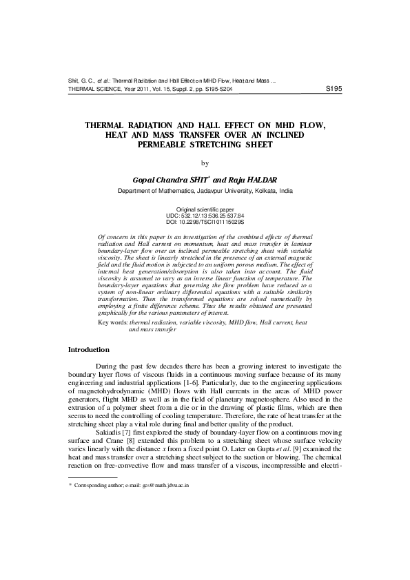 (PDF) Thermal radiation and hall effect on MHD flow, heat and mass ...