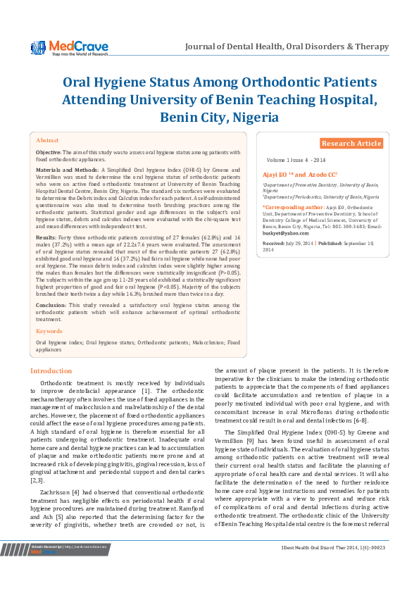(PDF) Oral Hygiene Status Among Orthodontic Patients Attending ...