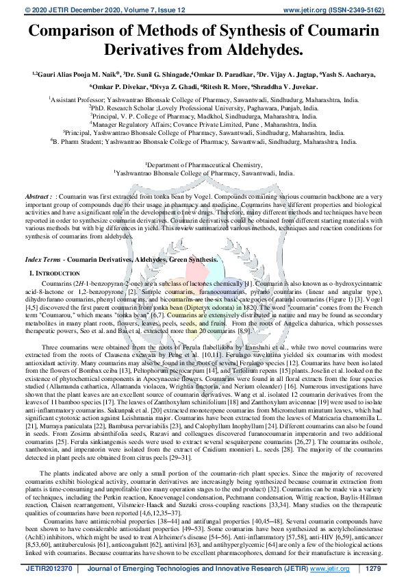 (PDF) Comparison of Methods of Synthesis of Coumarin Derivatives from ...
