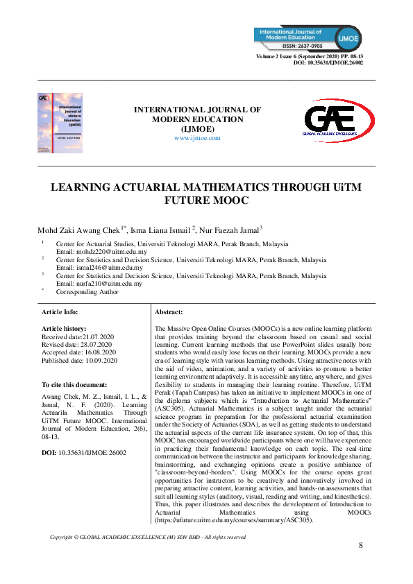 (PDF) LEARNING ACTUARIAL MATHEMATICS THROUGH UiTM FUTURE MOOC