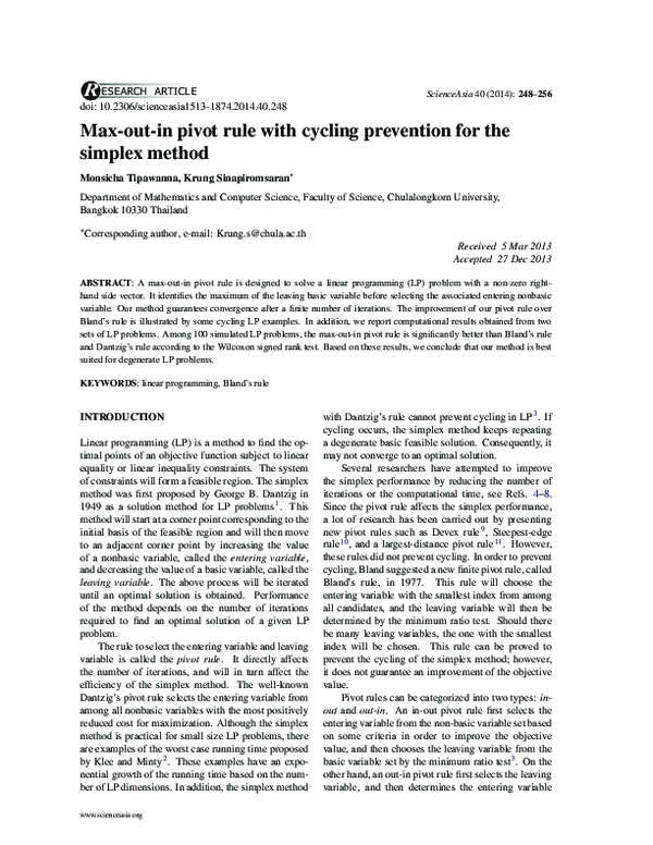 (PDF) Max-out-in pivot rule with cycling prevention for the simplex method
