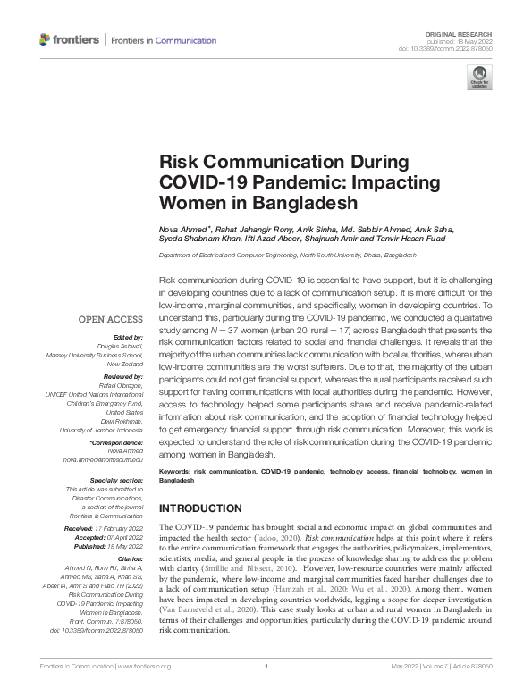 Pdf Risk Communication During Covid 19 Pandemic Impacting Women In
