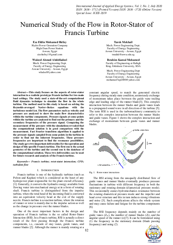 (PDF) Numerical Study of the Flow in Rotor-Stator of Francis Turbine