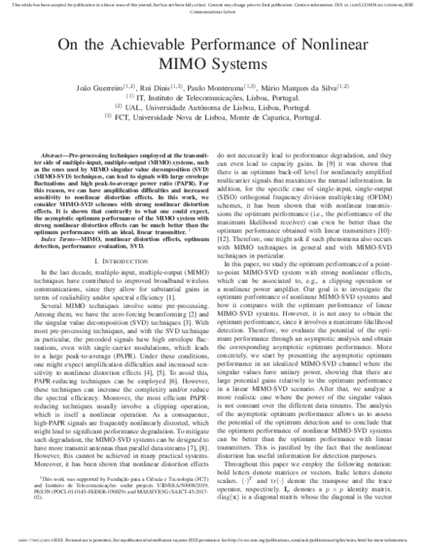 (PDF) On the Achievable Performance of Nonlinear MIMO Systems