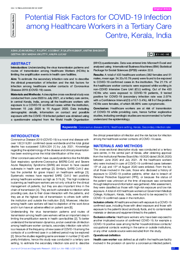 (PDF) Potential Risk Factors for COVID-19 Infection among Healthcare ...