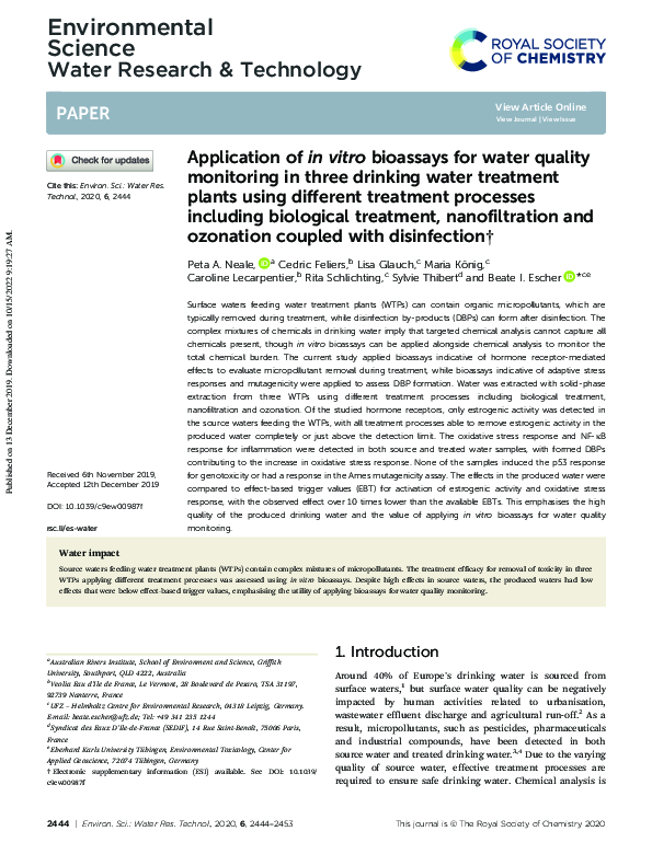 (PDF) Application ofin vitrobioassays for water quality monitoring in ...