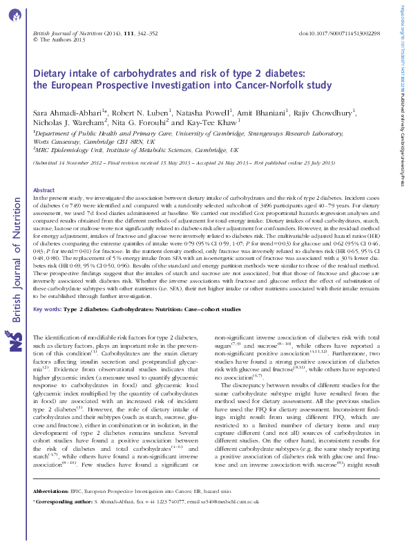 (PDF) Dietary intake of carbohydrates and risk of type 2 diabetes: the ...