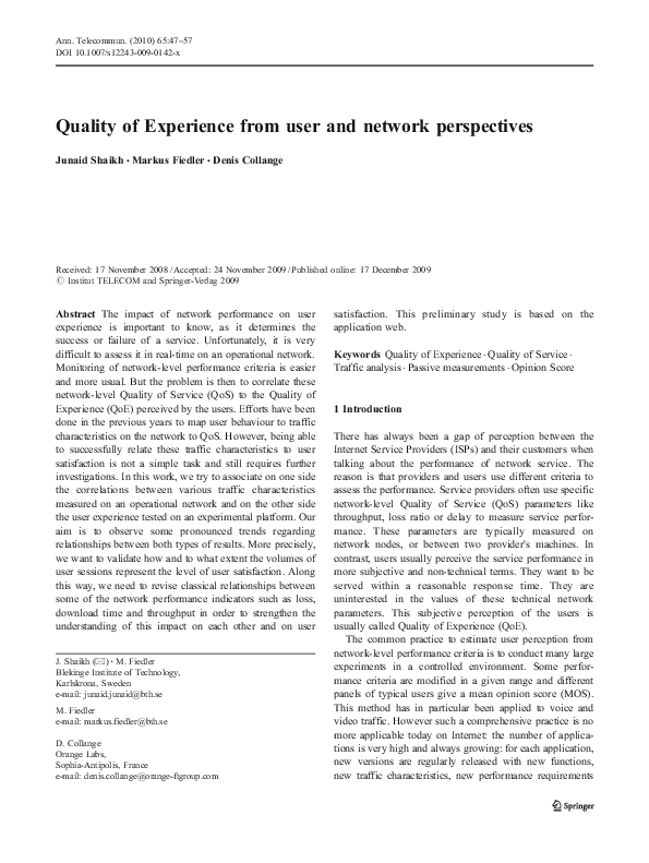 (PDF) Quality of Experience from user and network perspectives
