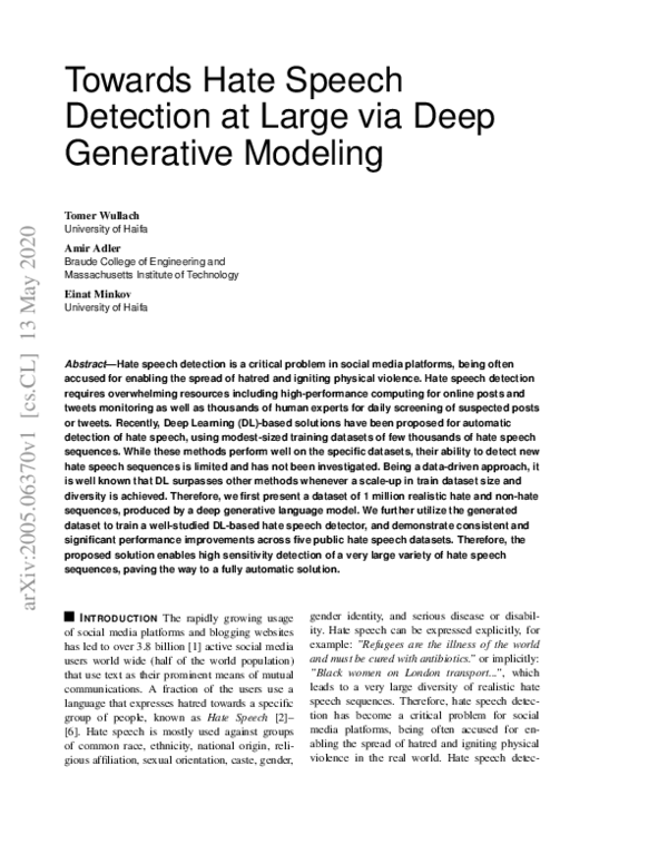 (PDF) Towards Hate Speech Detection at Large via Deep Generative Modeling