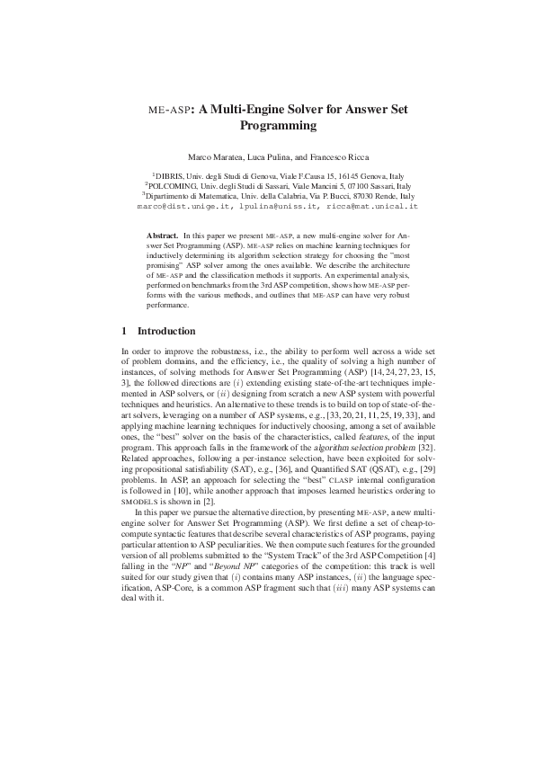 (PDF) ME-ASP: A Multi-Engine Solver for Answer Set Programming