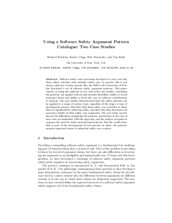 (PDF) Using a Software Safety Argument Pattern Catalogue: Two Case Studies