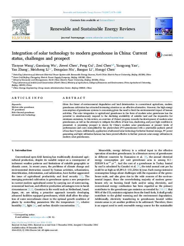(PDF) Integration of solar technology to modern greenhouse in China ...