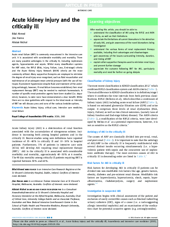 (PDF) Acute kidney injury and the critically ill