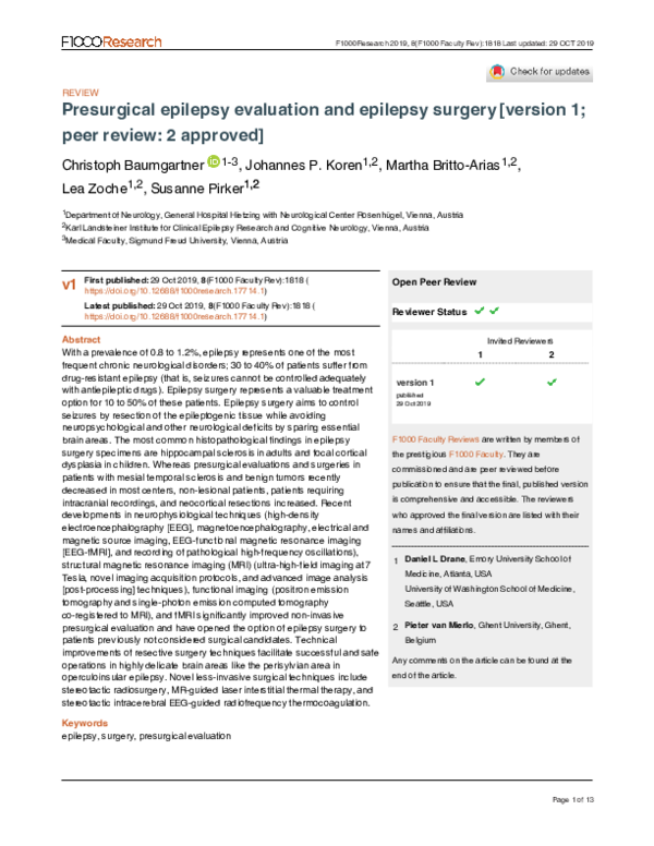 (PDF) Presurgical epilepsy evaluation and epilepsy surgery