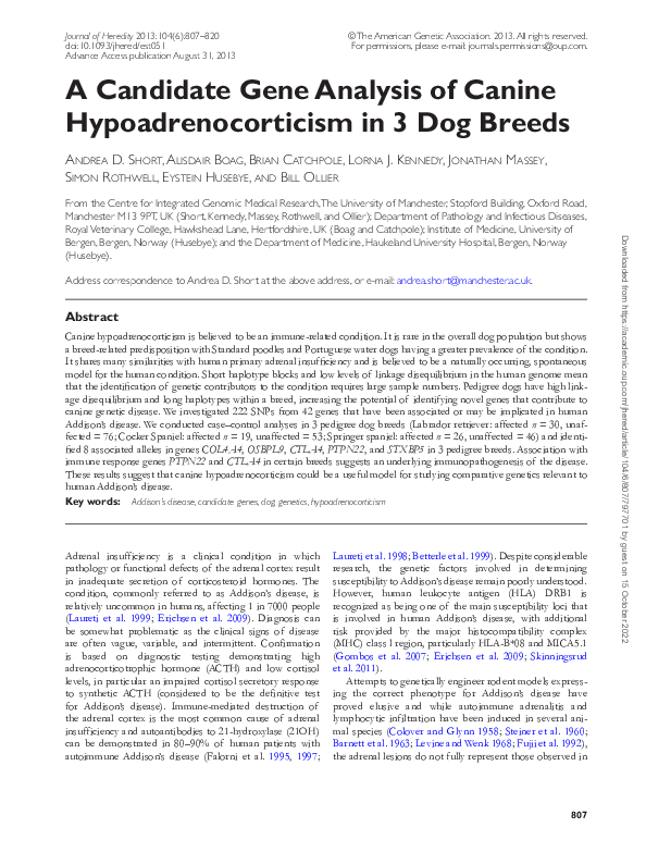 (PDF) 1 A Candidate Gene Analysis of Canine Hypoadrenocorticism in 3 ...