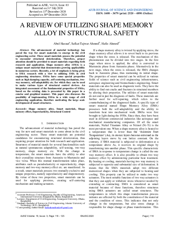 (PDF) A Review Of Utilizing Shape Memory Alloy In Structural Safety