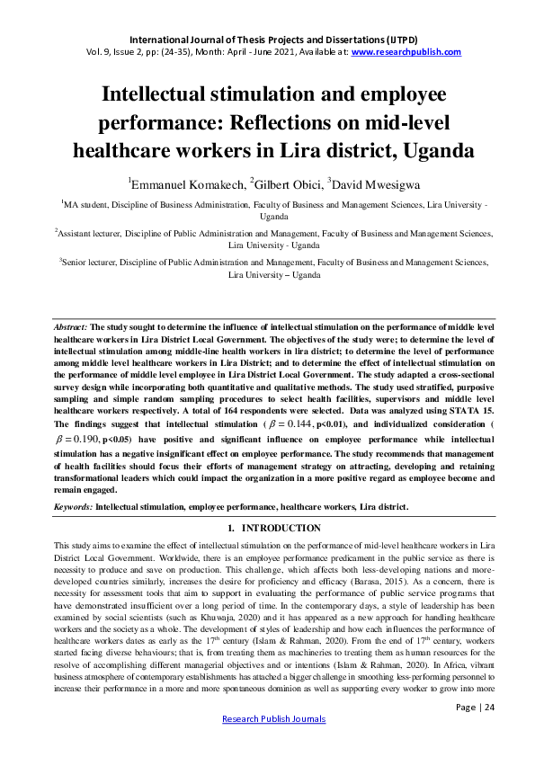 (PDF) Intellectual stimulation and employee performance: Reflections on ...