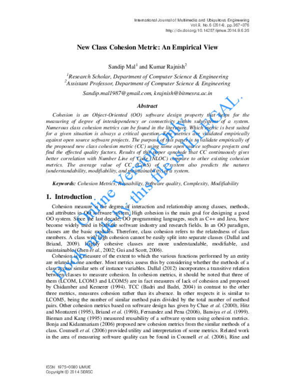 (PDF) New Class Cohesion Metric: An Empirical View
