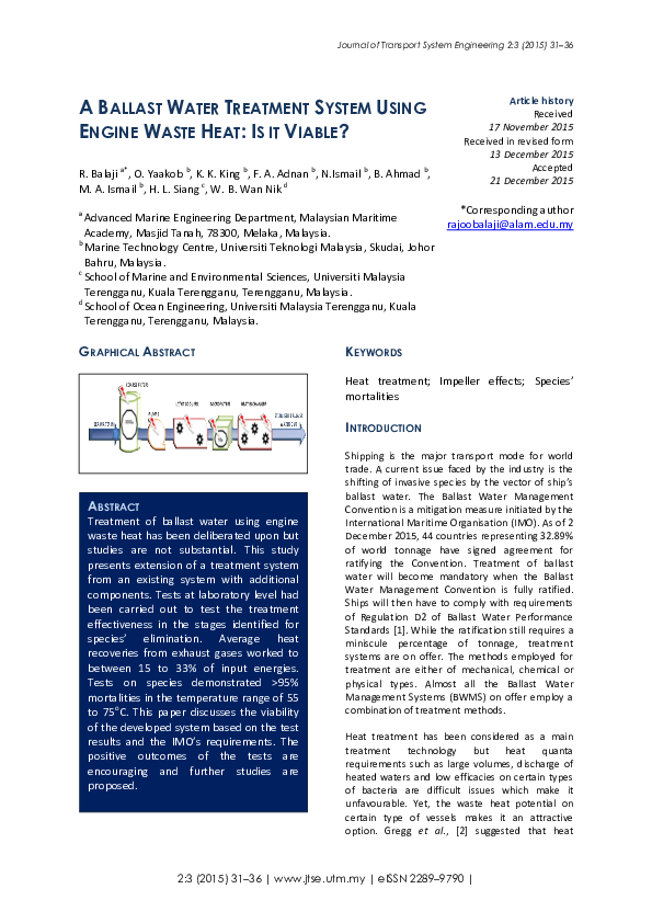 (PDF) A Ballast Water Treatment System Using Engine Waste Heat Is It