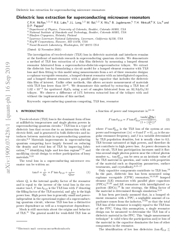 (PDF) Dielectric loss extraction for superconducting microwave resonators