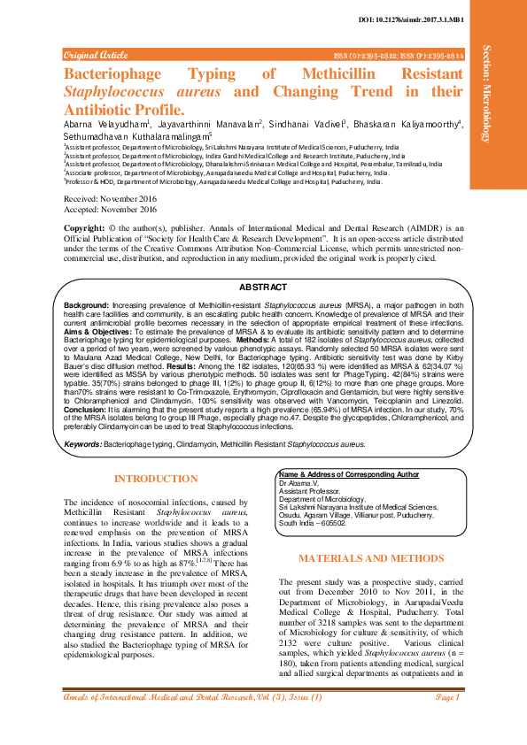 (PDF) Bacteriophage Typing of Methicillin Resistant Staphylococcus ...