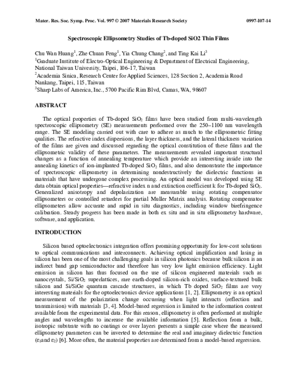 (PDF) Spectroscopic Ellipsometry Studies of Tb-doped SiO2 Thin Films