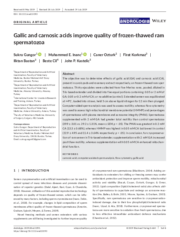 Picture of (PDF) Gallic and carnosic acids improve quality of frozen‐thawed ram ...