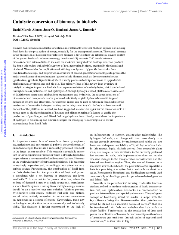 Pdf Catalytic Conversion Of Biomass To Biofuels