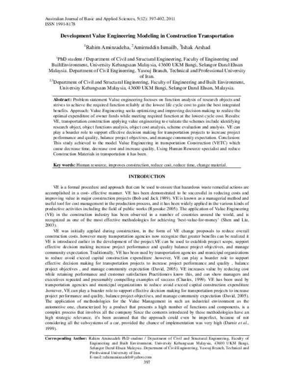 (PDF) Development Value engineering modeling in construction transportation