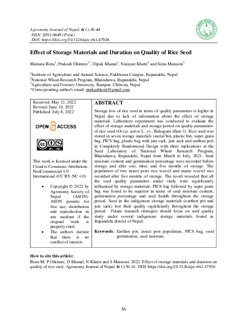 (PDF) Effect of Storage Materials and Duration on Quality of Rice Seed