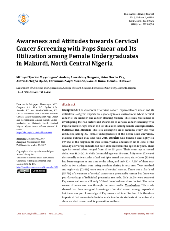 (PDF) Awareness and Attitudes towards Cervical Cancer Screening with ...