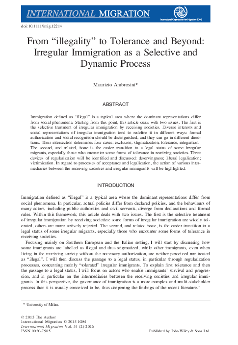(PDF) From “illegality” to Tolerance and Beyond: Irregular Immigration ...