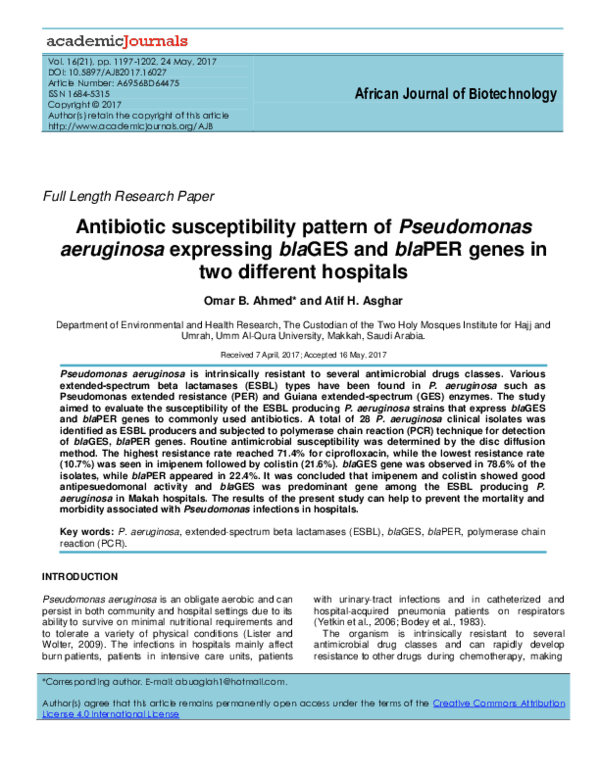 (PDF) Antibiotic susceptibility pattern of pseudomonas aeruginosa ...