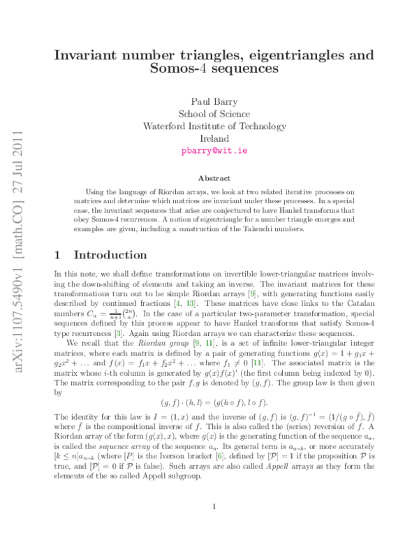 (PDF) Invariant number triangles, eigentriangles and Somos-4 sequences