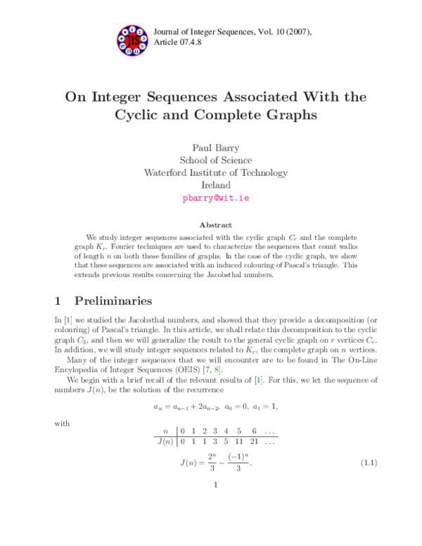 (PDF) On Integer Sequences Associated With the Cyclic and Complete Graphs