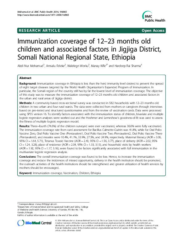 (PDF) Immunization coverage of 12-23 months old children and associated ...