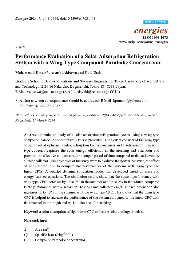 (PDF) Performance Evaluation of a Solar Adsorption Refrigeration System ...
