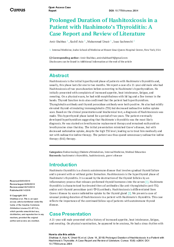 (PDF) Prolonged Duration of Hashitoxicosis in a Patient with Hashimoto