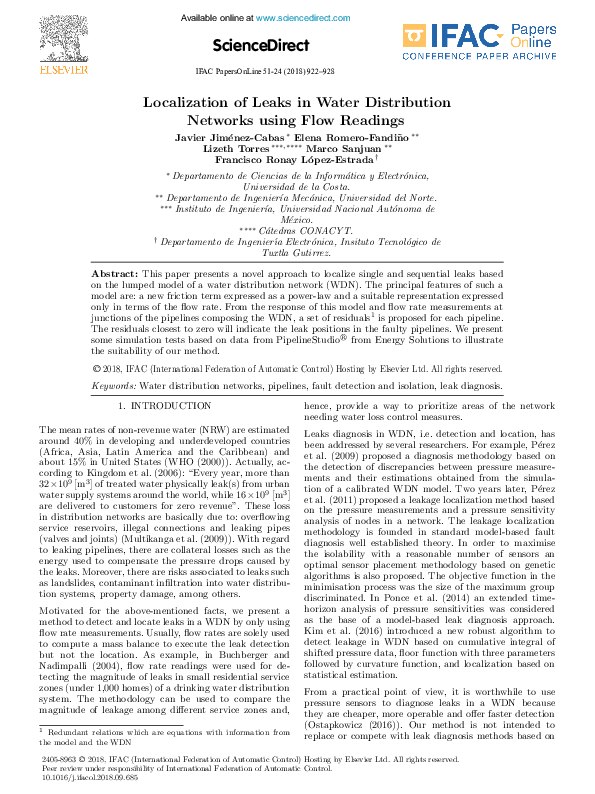 (PDF) Localization of Leaks in Water Distribution Networks using Flow ...