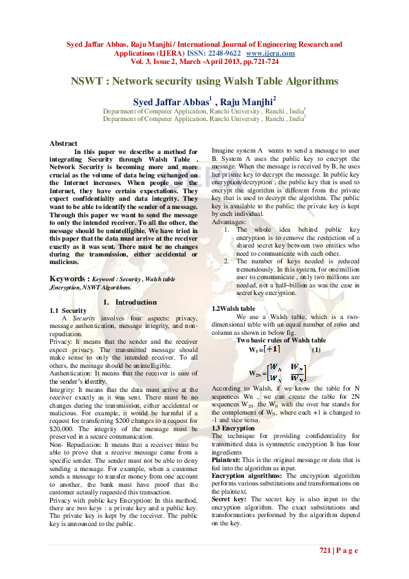 (PDF) NSWT: Network security using Walsh Table Algorithms