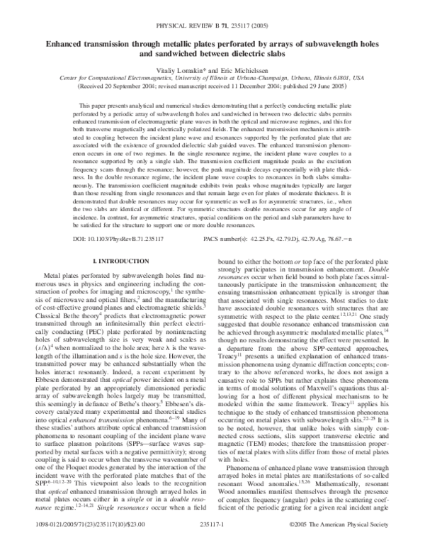 (PDF) Enhanced transmission through metallic plates perforated by ...