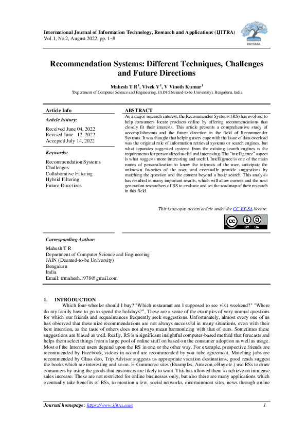 (PDF) Recommendation Systems: Different Techniques, Challenges and ...