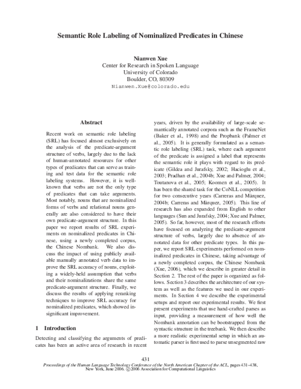 (PDF) Semantic role labeling of nominalized predicates in Chinese