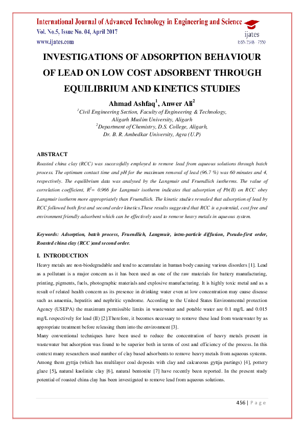 (PDF) Investigations of Adsorption Behaviour of Lead on Low Cost ...
