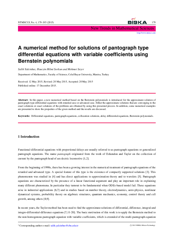 (PDF) A numerical method for solutions of pantograph type differential ...