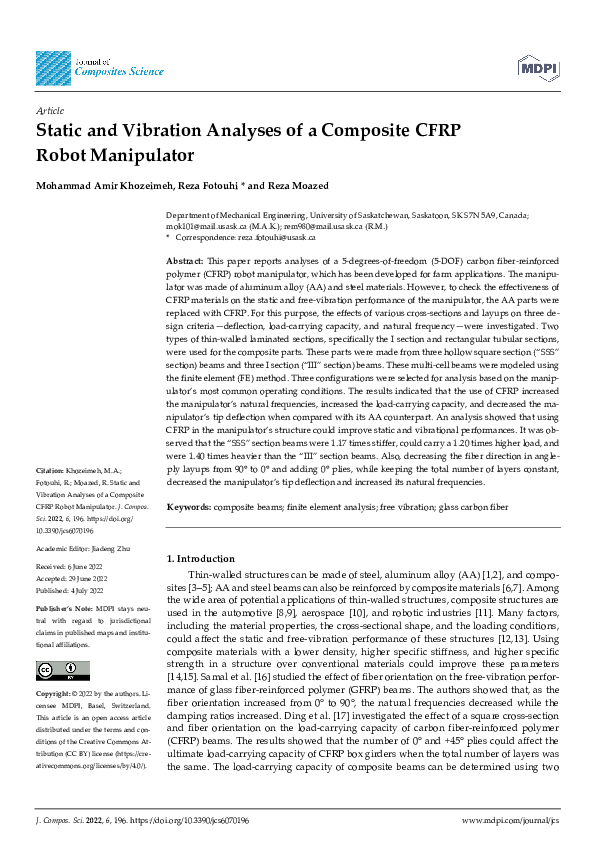 (PDF) Static and Vibration Analyses of a Composite CFRP Robot Manipulator