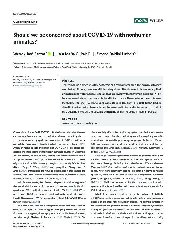 (PDF) Should we be concerned about COVID‐19 with nonhuman primates?
