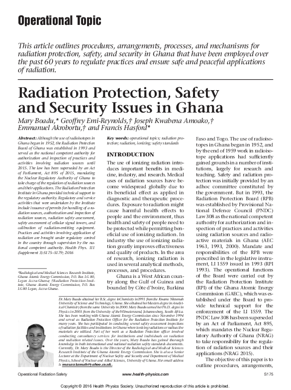 (PDF) Radiation Protection, Safety and Security Issues in Ghana Geoffrey EmiReynolds