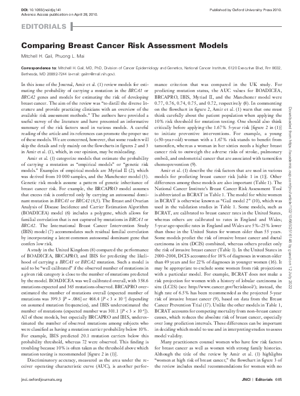(PDF) Comparing Breast Cancer Risk Assessment Models